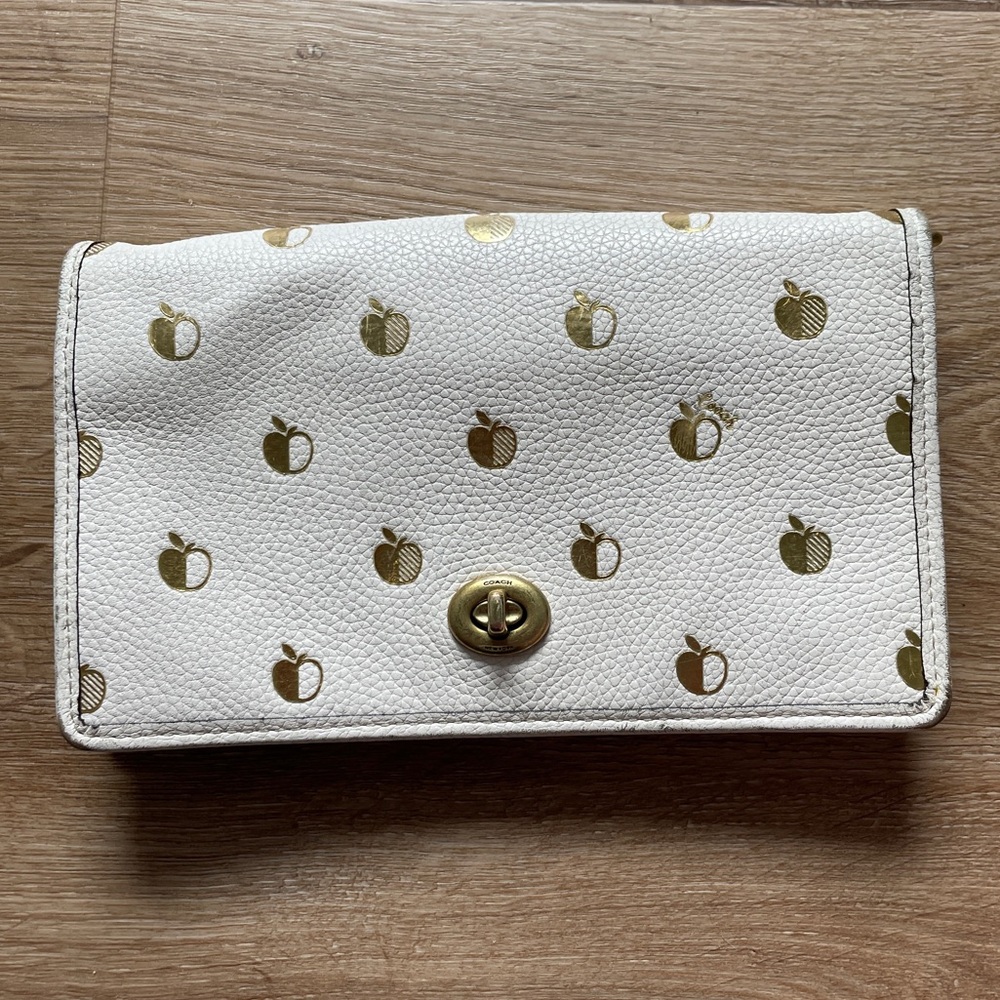 Coach Hayden Foldover Clutch with Apple Print, White and Gold Coach Wallet